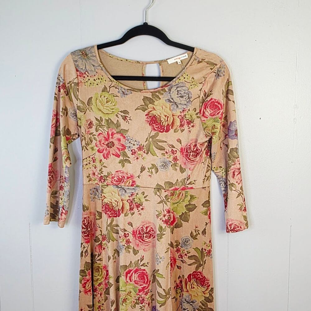 Orange Creek Maxi Dress Medium Suede Tan Floral 3/4 Sleeve Cottagecore Romantic - Picture 4 of 13